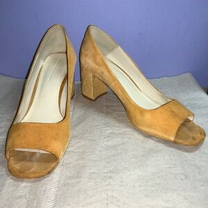 Zara mustard suede open toe block heels shoes Sz 8